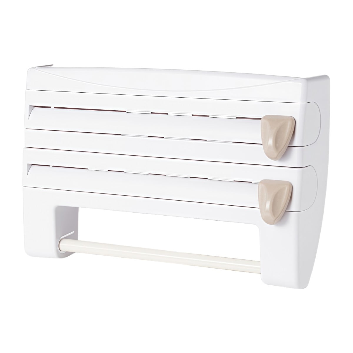 Multi Roll Foil and Wrap Organizer with Safety Cutter for Kitchen Efficiency