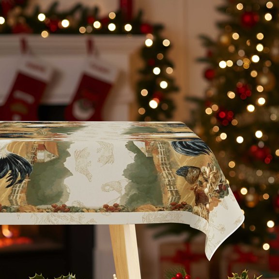 Multi-Rooster Beige Rectangle Tablecloth, Thanksgiving Summer Solstice Cover, Fashion Cloth for Farmhouse Indoor Outdoor Gatherings