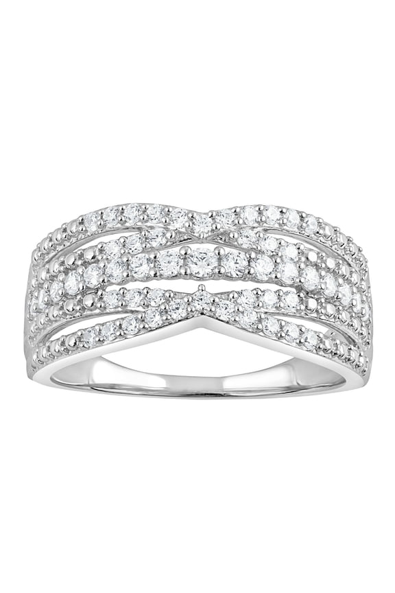 Multi Row Diamond Engagement Ring, Half Eternity Diamond Wedding Ring, Split Shank Pave Set Diamond Ring, Crossover Cocktail Diamond Ring, 14K White Gold Plated, 2.4 Ct Simulated Diamond
