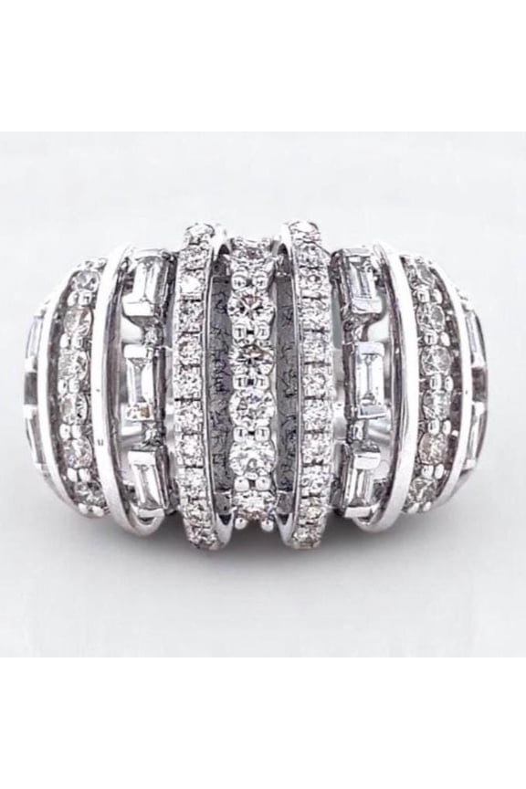 Multi Row Diamond Ring, Pave Set Diamond Ring, Half Eternity Diamond Wedding Band, Parallel Bar Multi Shape Diamond Ring, 925 Sterling Silver, 2.4 Ct Simulated Diamond, Women's Cocktail Ring