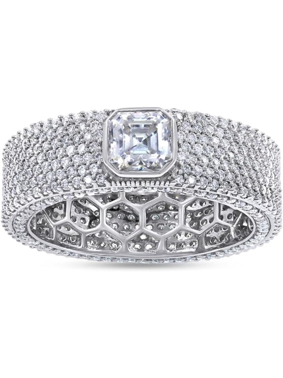 Multi Row Eternity Anniversary Wedding Band Men Ring Jewelry Round Cut White Diamond 14k White Gold Over 925 Sterling Silver