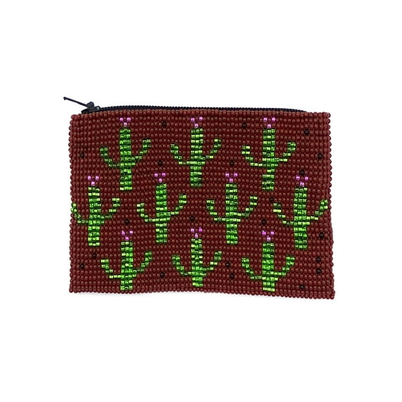 Multi Saguaro Cactus Pattern Czech Glass Seed Beaded Coin Purse Zipper Pouch - Womens Fashion Handmade Bags Boho Travel Accessories