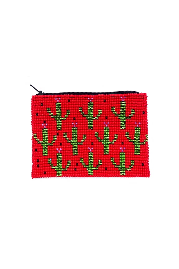 Multi Saguaro Cactus Pattern Czech Glass Seed Beaded Coin Purse Zipper Pouch - Womens Fashion Handmade Bags Boho Travel Accessories