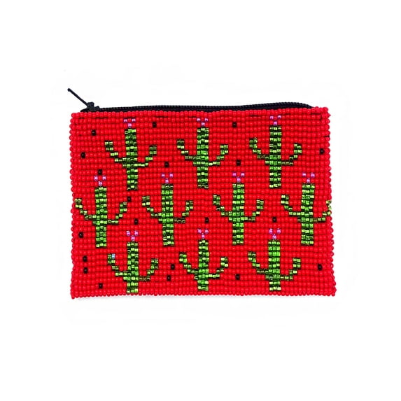 Multi Saguaro Cactus Pattern Czech Glass Seed Beaded Coin Purse Zipper Pouch - Womens Fashion Handmade Bags Boho Travel Accessories