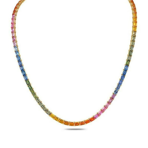 Multi Sapphire Emerald Cut Ombre Rainbow Necklace,Tennis Necklace,Sapphire Choker Tennis Chain Necklace, Necklace For Women