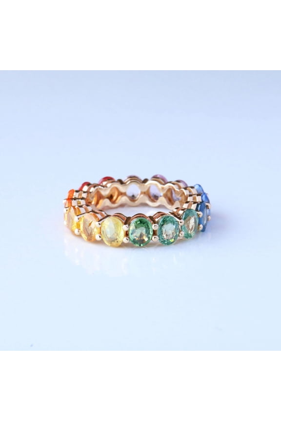 Multi Sapphire Eternity Ring, Thick Colorful Band, 925 Starling Silver, Wave Stackable Ring, Oval Rainbow Sapphire Ring, Gift For Her