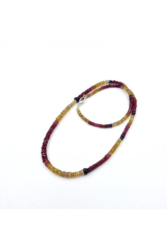 Multi Sapphire Faceted Beads Necklace, Genuine Gemstone Jewelry, Yellow Sapphire Necklace, Natural Pink Ruby Beaded Necklaces
