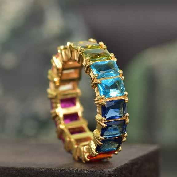 Multi Sapphire Ring, CZ Colorful Gemstone Ring, Full Eternity Band, Minimalist Precious Stone Band, multi Band Silver