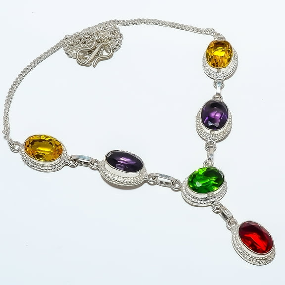 Multi Sapphire (Simulated) 925 Sterling Silver Tennis Necklace 17.99" TN734-53, Gemstone Silver Jewelry, New Year Sale, Valentin's Day Gift