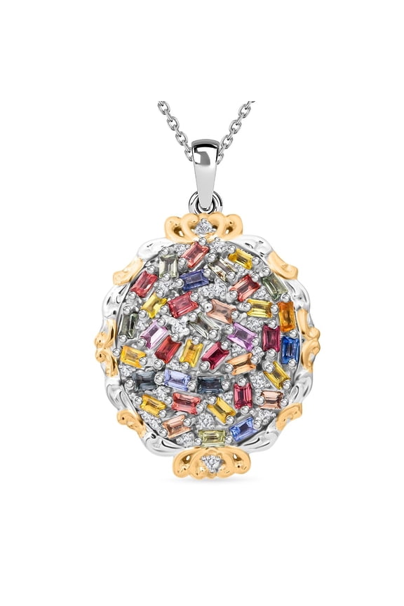 Multi Sapphire and White Zircon 4.15 ctw Prism Blossom Pendant Necklace in 18K Vermeil Yellow Gold and Rhodium Plated Sterling Silver 20 Inches Birthday Gifts