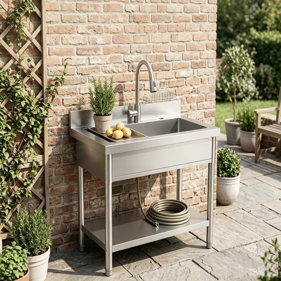Multi-Scenario Stainless Steel Single Bowl Utility Sink Station, Freestanding Work Sink with Detachable Rinsing Basket & Adjustable Legs, Pull-out Sprayer Faucet for Home Restaurant Garage Garden