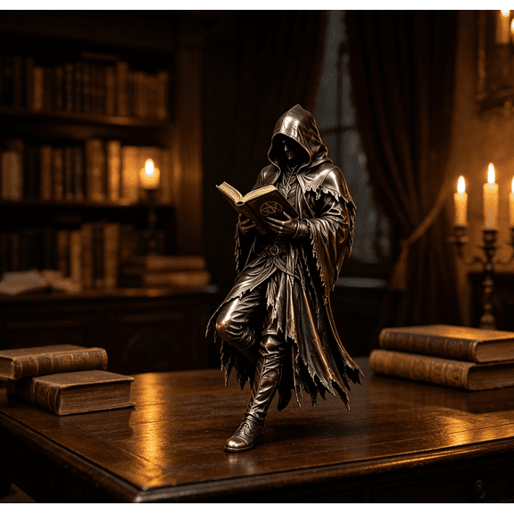 Multi-Scene Grim Reaper Halloween Statue, Timeless Gothic Decor Alloy Sculpture, Distressed Vintage Metal Ornament, Versatile Indoor Outdoor Figurine For Mantel Entryway Shelf(Skeleton Scholar)