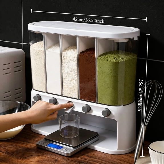 Multi-Section Rice and Grain Storage Container with Layered Design, Push-Button Opening, Airtight Seal for Freshness, Space-Efficient Plastic Rectangular Bin Perfect for Home Kitchens