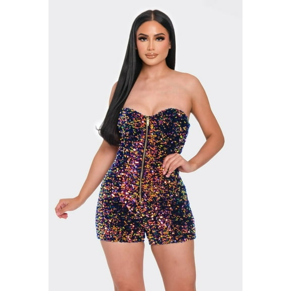 Multi Sequins Tube Top Romper Navy Gold L