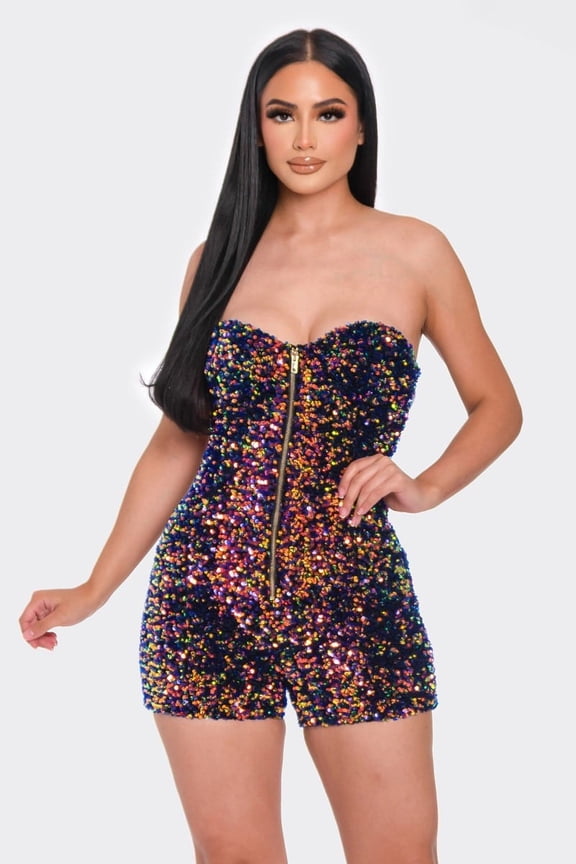 Multi Sequins Tube Top Romper Navy Gold L