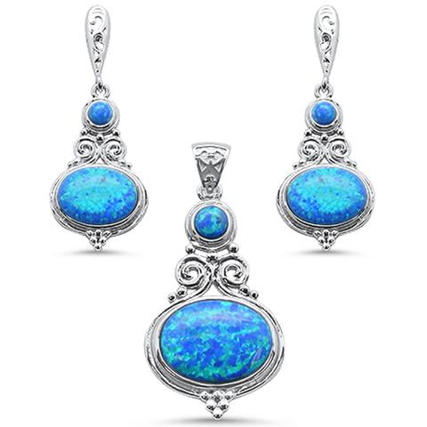Multi Shape Blue Opal .925 Sterling Silver Pendant & Earring Set