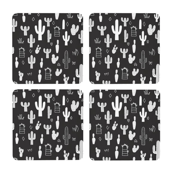Multi-Shape Mdf Cork Coaster 4 Pieces Of Anti-Slip, Anti-Wear And Anti-Fouling 3.9in Easy To Clean And Stable Structure Black Background Of Cactus Square