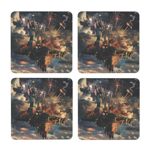 Multi-Shape Mdf Cork Coaster 4 Pieces Of Anti-Slip, Anti-Wear And Anti-Fouling 3.9in Easy To Clean And Stable Structure Celebrating Independence Day (8) Square