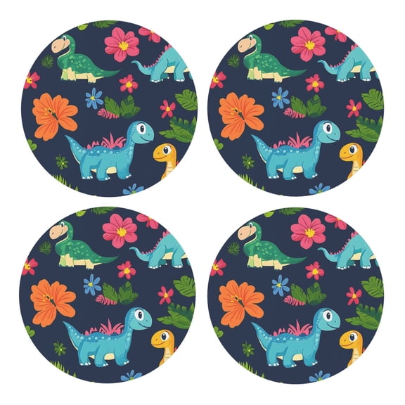 Multi-Shape Mdf Cork Coaster 4 Pieces Of Anti-Slip, Anti-Wear And Anti-Fouling 3.9in Easy To Clean And Stable Structure Cute Dinosaurs And Green-Banded Leaves Round Shape