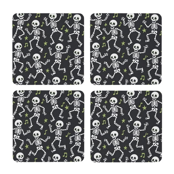 Multi-Shape Mdf Cork Coaster 4 Pieces Of Anti-Slip, Anti-Wear And Anti-Fouling 3.9in Easy To Clean And Stable Structure Dancing Skeleton Halloween Pattern Square