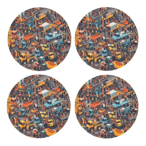 Multi-Shape Mdf Cork Coaster 4 Pieces Of Anti-Slip, Anti-Wear And Anti-Fouling 3.9in Easy To Clean And Stable Structure Engineering Vehicle (2) Round Shape