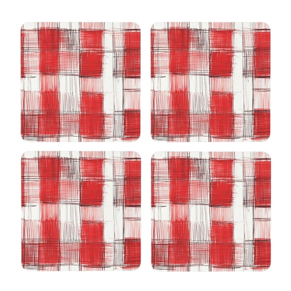 Multi-Shape Mdf Cork Coaster 4 Pieces Of Anti-Slip, Anti-Wear And Anti-Fouling 3.9in Easy To Clean And Stable Structure Indianred Checked Hand-Drawn Sketch_3 Square