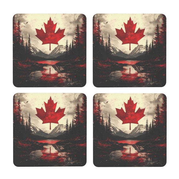 Multi-Shape Mdf Cork Coaster 4 Pieces Of Anti-Slip, Anti-Wear And Anti-Fouling 3.9in Easy To Clean And Stable Structure Maple Leaf Snow Mountain Shrub Square