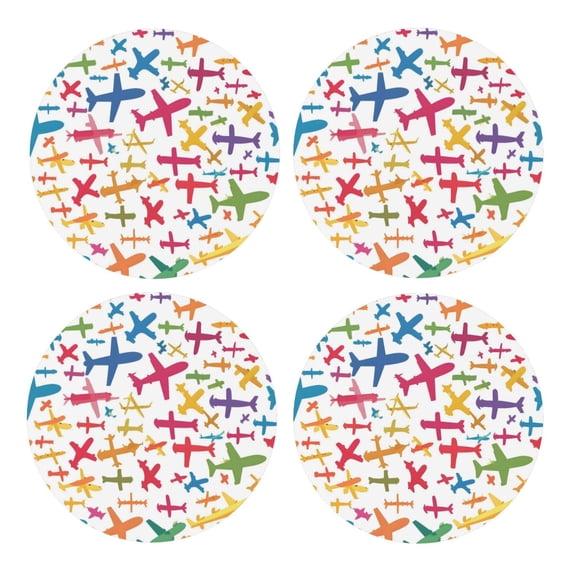 Multi-Shape Mdf Cork Coaster 4 Pieces Of Anti-Slip, Anti-Wear And Anti-Fouling 3.9in Easy To Clean And Stable Structure Various Cartoon-Style Airplanes Round Shape