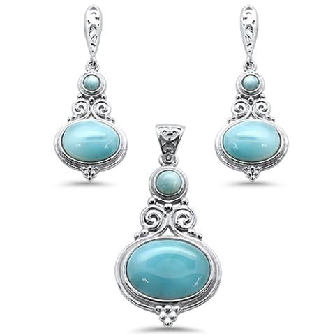 Multi Shape Natural Larimar .925 Sterling Silver Pendant & Earring Set