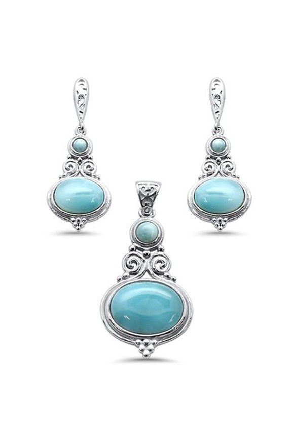 Multi Shape Natural Larimar .925 Sterling Silver Pendant & Earring Set