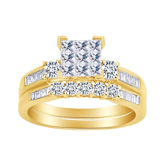 AFFY Multi Shape White Natural Diamond Square Cluster Bridal Ring Set In 10K Solid Yellow Gold (1 cttw)-6