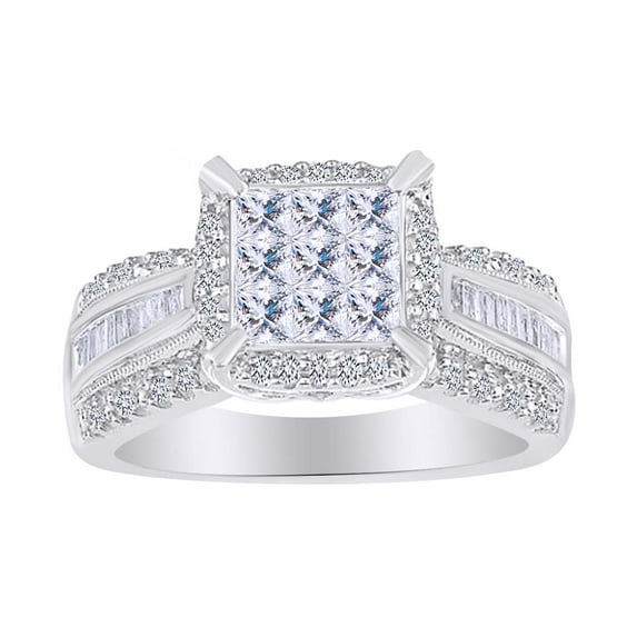 AFFY Multi Shape White Natural Diamond Square Cluster Engagement Ring In 10K Solid White Gold (1 cttw)-8