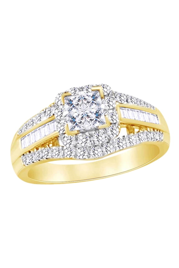 Multi Shape White Natural Diamond Three Row Fashion Ring In 10k Yellow Gold (1.00 cttw) Ring Size-4
