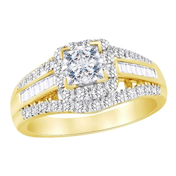 AFFY Multi Shape White Natural Diamond Three Row Fashion Ring In 10k Yellow Gold (1.00 cttw) Ring Size-6