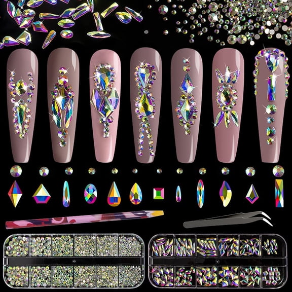 Multi Shapes 3D Glass AB Crystal Nail Art Rhinestones Kit with Flatback Round Bead Charm Gem Stone Jewelry Diamond with Pickup Pen + Tweezer for Manicure Craft Decoration by (Iridescent)
