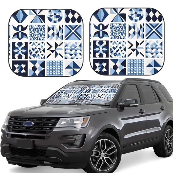 Multi-Size 2pce Car Front Glass Visor Collapsible Sunscreen No Odor Comfortable For Most Cars Suv Trucks Aliceblue Geometric Patterns_2