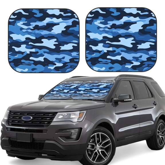 Multi-Size 2pce Car Front Glass Visor Collapsible Sunscreen No Odor Comfortable For Most Cars Suv Trucks Vector Camouflage Pattern Blue_1