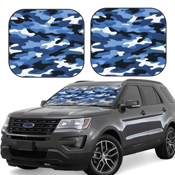 Multi-Size 2pce Car Front Glass Visor Collapsible Sunscreen No Odor Comfortable For Most Cars Suv Trucks Vector Camouflage Pattern Blue_2