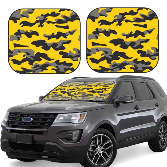 Multi-Size 2pce Car Front Glass Visor Collapsible Sunscreen No Odor Comfortable For Most Cars Suv Trucks Vector Camouflage Pattern Yellow_1