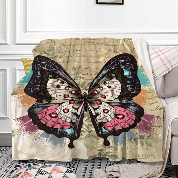 Multi-Size Blanket Vintage Style Butterflies Throw Blankets for Couch Flannel Soft Fluffy Cozy Warm Luxury Flannel Blanket Teens Size for Women Boys Girls Gifts Medium (60"x50")