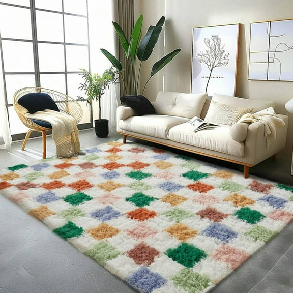 Multi-Size Checkered Rug, Multicolor Contrast Modern Shag Rug, Washable Non-Slip, Aesthetic Decor For Living Room/Bedroom/Home