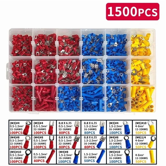 Multi-Size Cold Pressed Terminal Kit 280-1500pcs - Quick Connect Spade/Ring/Fork Connectors for 12-24V Wiring