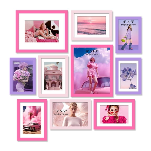 Multi-Size Collage Picture Frames, 10-Pack Gallery Wall Set, Wall or Tabletop Photo Display, 2 8x10, 5 5x7, 3 4x6 Frames, Pink, Light Pink, Purple