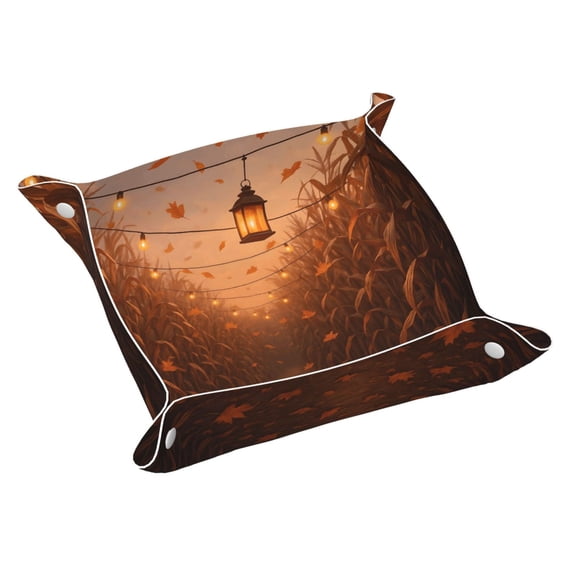Multi-Size Leather Tray Four Corners Four Button Design Anti-Scratch Waterproof Convenient Cleaning Convenient Storage Autumn Cornfield Small
