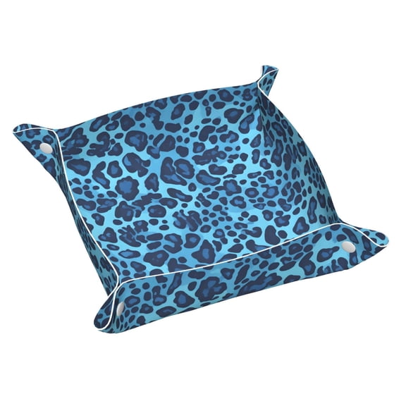 Multi-Size Leather Tray Four Corners Four Button Design Anti-Scratch Waterproof Convenient Cleaning Convenient Storage Leopard Print Pattern Blue And Black_2 Small