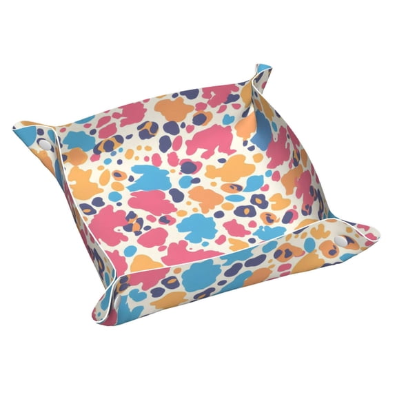 Multi-Size Leather Tray Four Corners Four Button Design Anti-Scratch Waterproof Convenient Cleaning Convenient Storage Leopard Print Pattern Rainbow_3 Medium