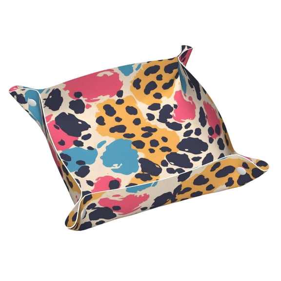 Multi-Size Leather Tray Four Corners Four Button Design Anti-Scratch Waterproof Convenient Cleaning Convenient Storage Leopard Print Pattern Rainbow_1 Small