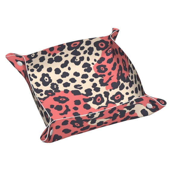 Multi-Size Leather Tray Four Corners Four Button Design Anti-Scratch Waterproof Convenient Cleaning Convenient Storage Leopard Print Pattern Red And Black_4 Medium