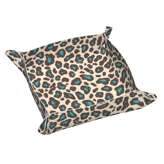 Multi-Size Leather Tray Four Corners Four Button Design Anti-Scratch Waterproof Convenient Cleaning Convenient Storage Leopard Print Style Paleturquoise_4 Medium