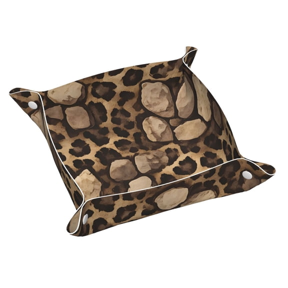 Multi-Size Leather Tray Four Corners Four Button Design Anti-Scratch Waterproof Convenient Cleaning Convenient Storage Leopard Skin Print Style Firebrick_2 Medium